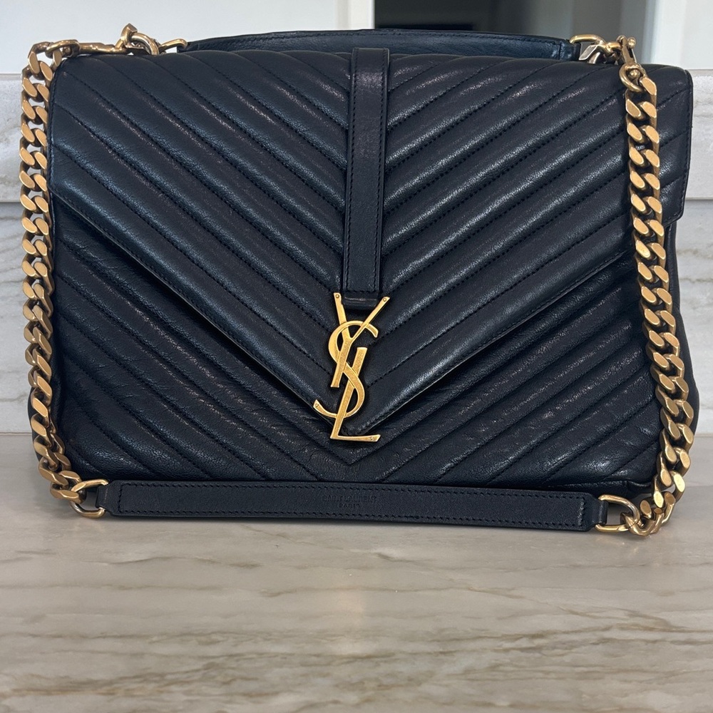 Saint Laurent Black Quilted Leather Shoulder Bag with Gold YSL Hardware